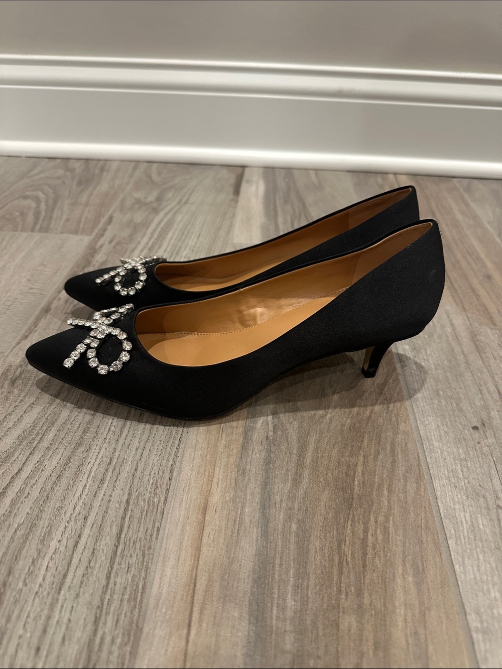 J. Crew Black Pointed Satin Flats with Crystal Bow Embellishment - Picture 2 of 5
